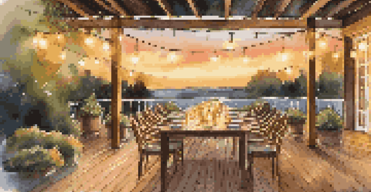 An elegant wooden deck for evening gatherings, featuring a dining table with dishes and string lights, illuminated by the sunset.
