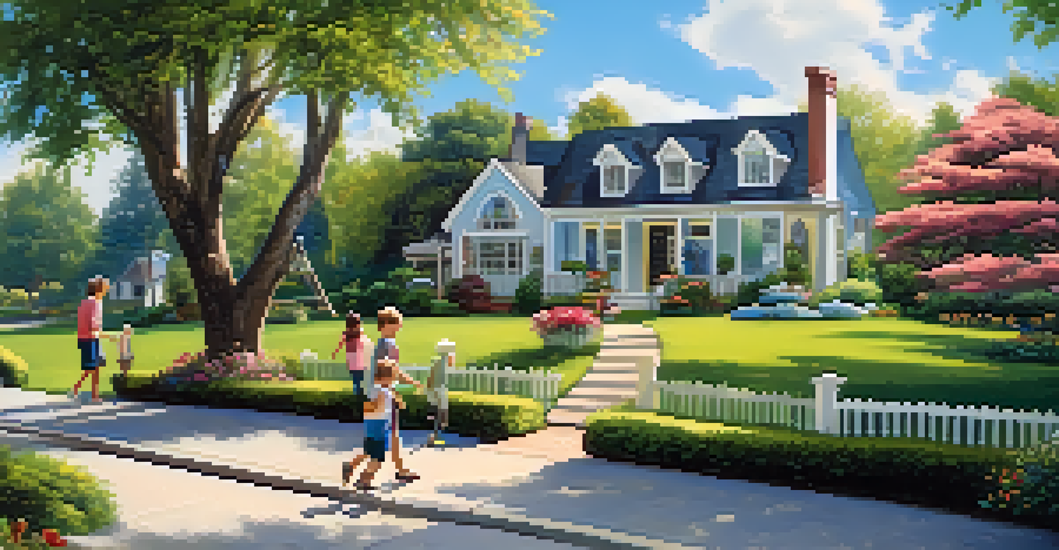 A picturesque neighborhood featuring a charming house and a park with children playing.
