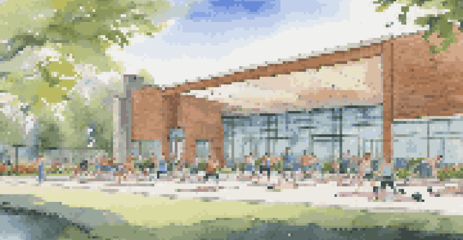A contemporary gym with people exercising outside, surrounded by greenery and a clear sky.