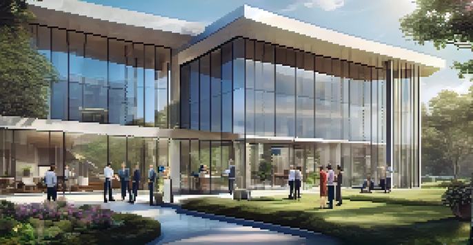 A modern real estate syndication office with investors engaged in a discussion outside, surrounded by gardens and a clear sky.