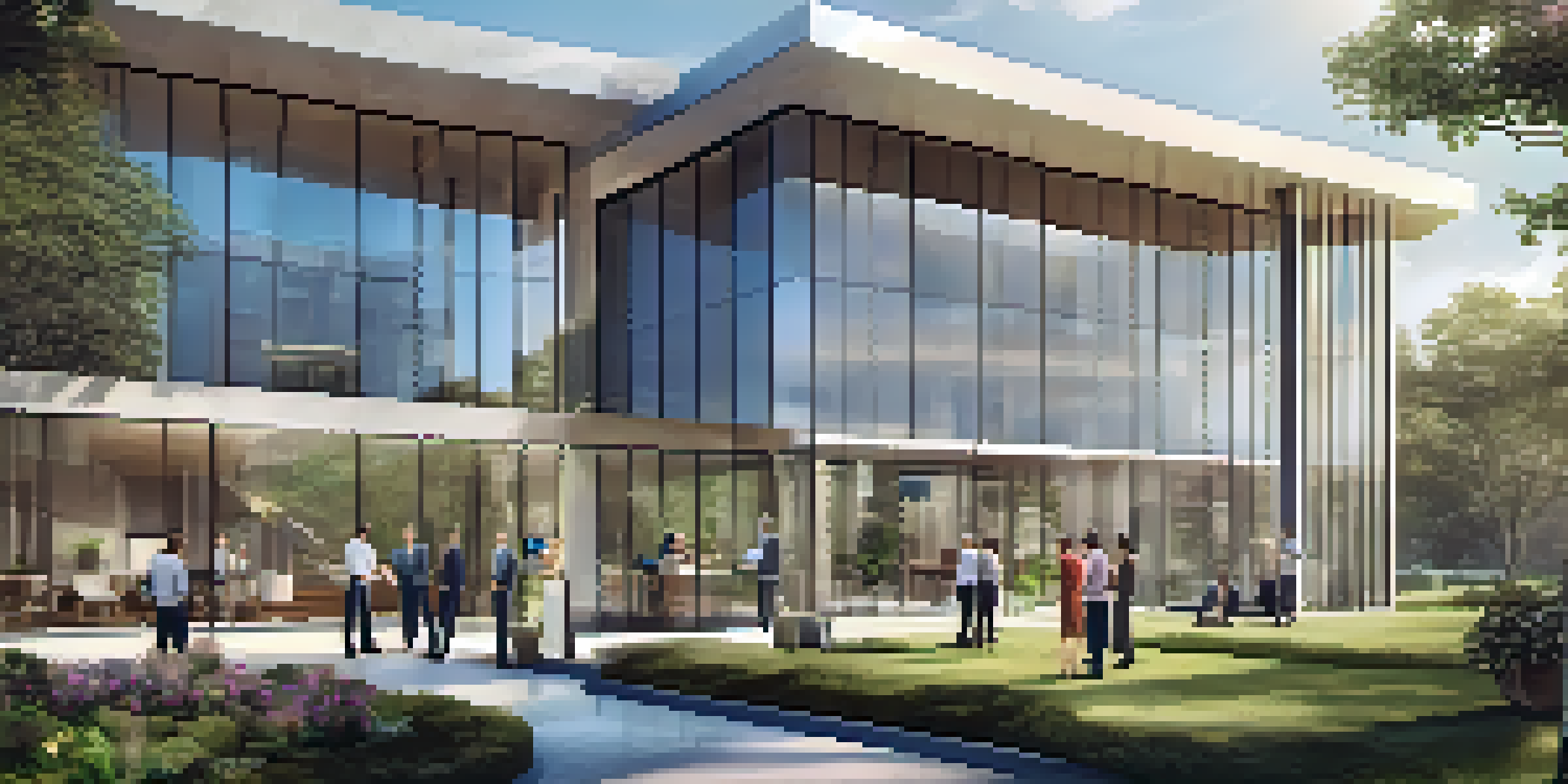 A modern real estate syndication office with investors engaged in a discussion outside, surrounded by gardens and a clear sky.