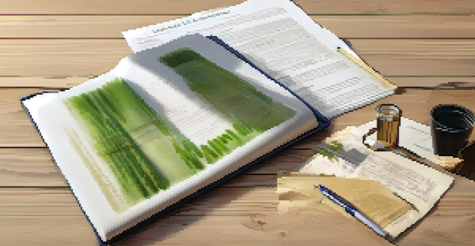 An open lease agreement on a wooden table with a fountain pen and a potted plant in the background, illuminated by natural light.