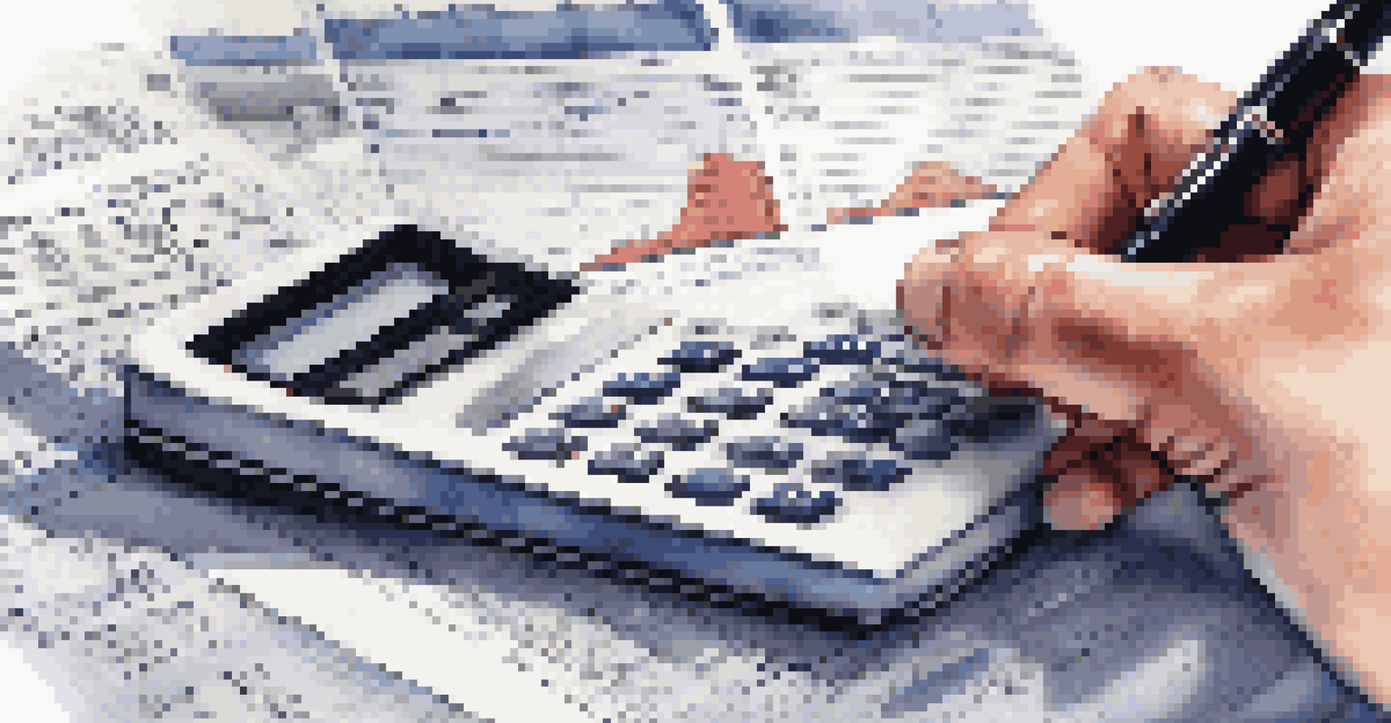 A close-up of a hand with a calculator and pen, analyzing financial documents related to real estate investments.