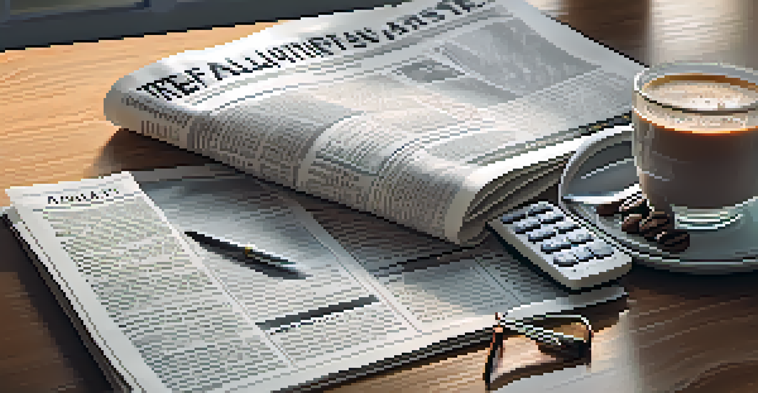 A financial newspaper discussing REITs on a wooden table with a calculator and a coffee cup, illuminated by morning light.
