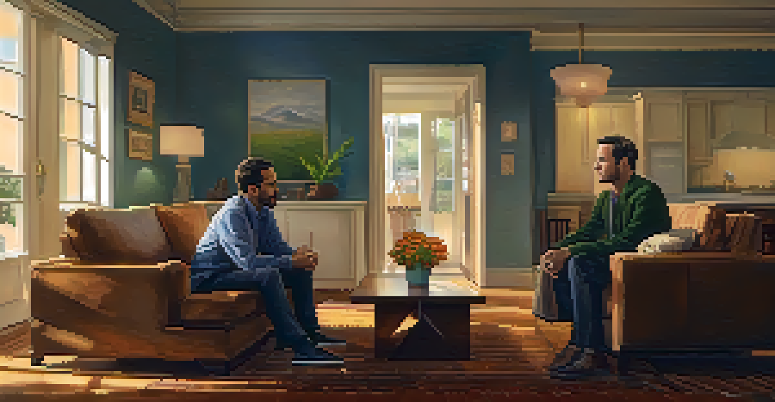 A landlord and tenant engaged in a thoughtful conversation in a cozy living room.