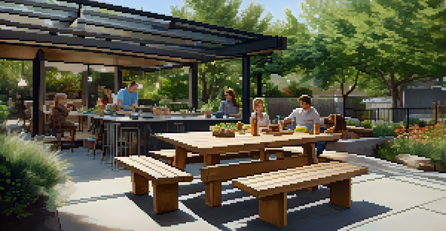 A vibrant outdoor patio with a barbecue area and a playground, where family members of various ages gather and enjoy time together.