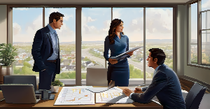 A real estate inspector presenting an inspection report to a couple in a bright, professional setting with charts and documents on a table.