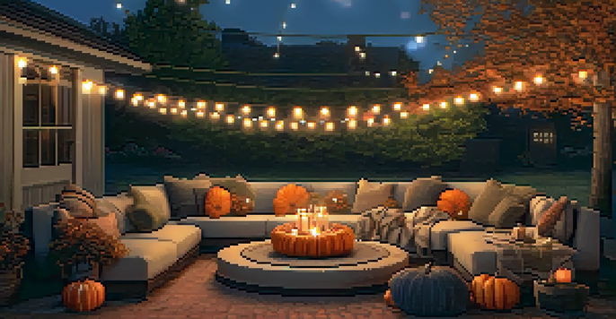 A warm and inviting outdoor gathering in fall with circular seating, cushions, throw blankets, pumpkins, and string lights.