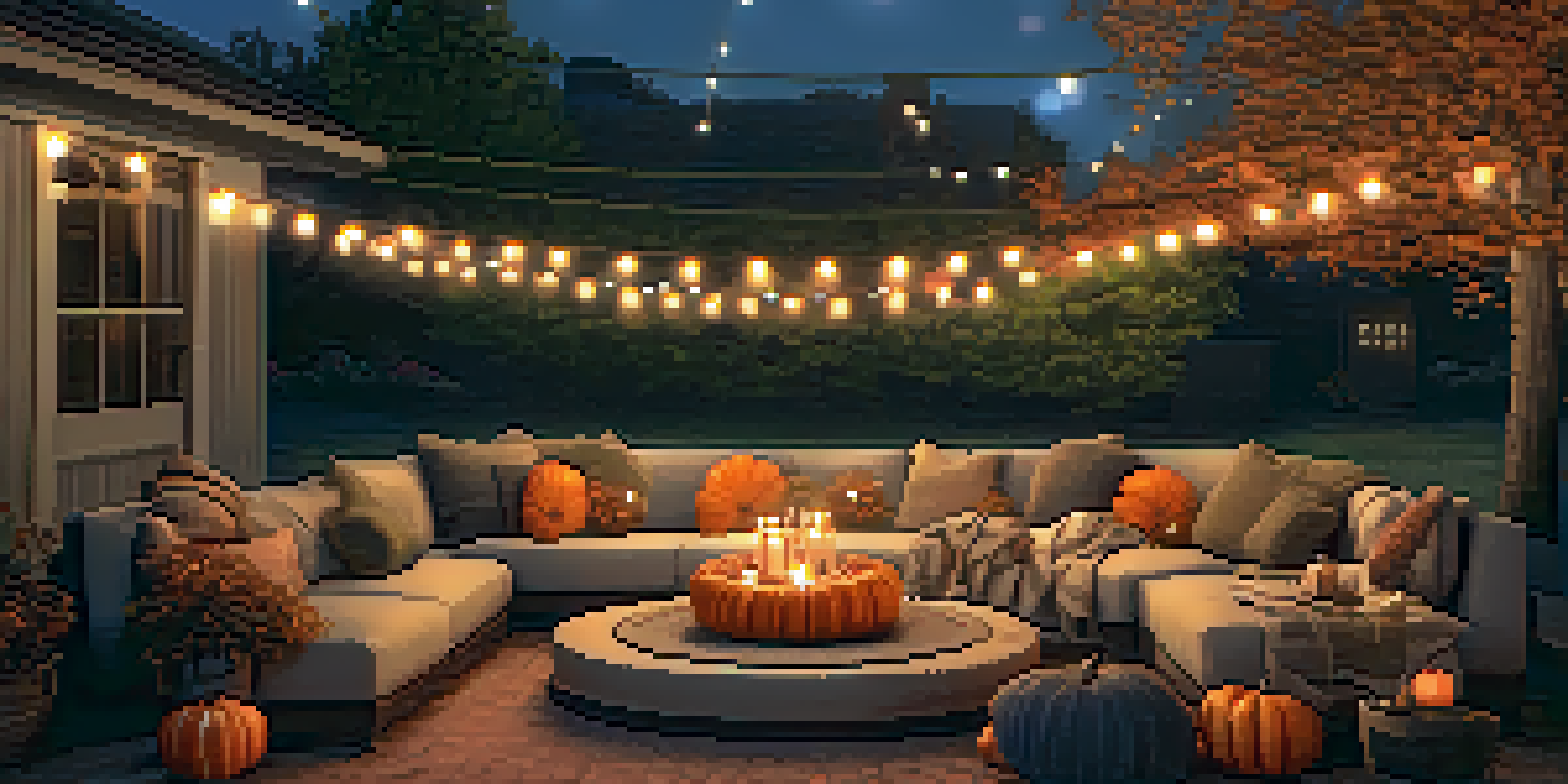 A warm and inviting outdoor gathering in fall with circular seating, cushions, throw blankets, pumpkins, and string lights.