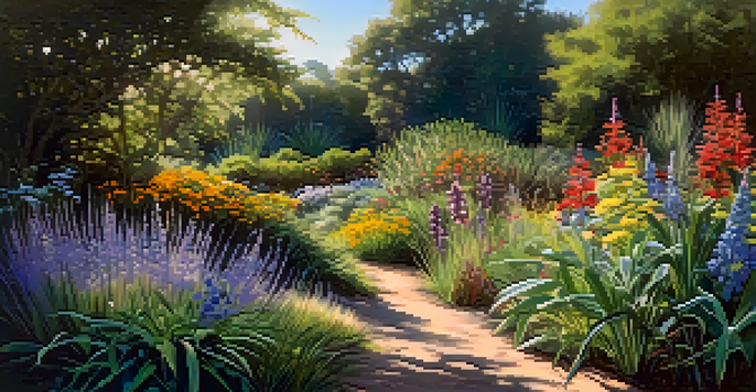A colorful garden filled with native wildflowers and grasses, with sunlight filtering through trees, and a bird perched on a branch.