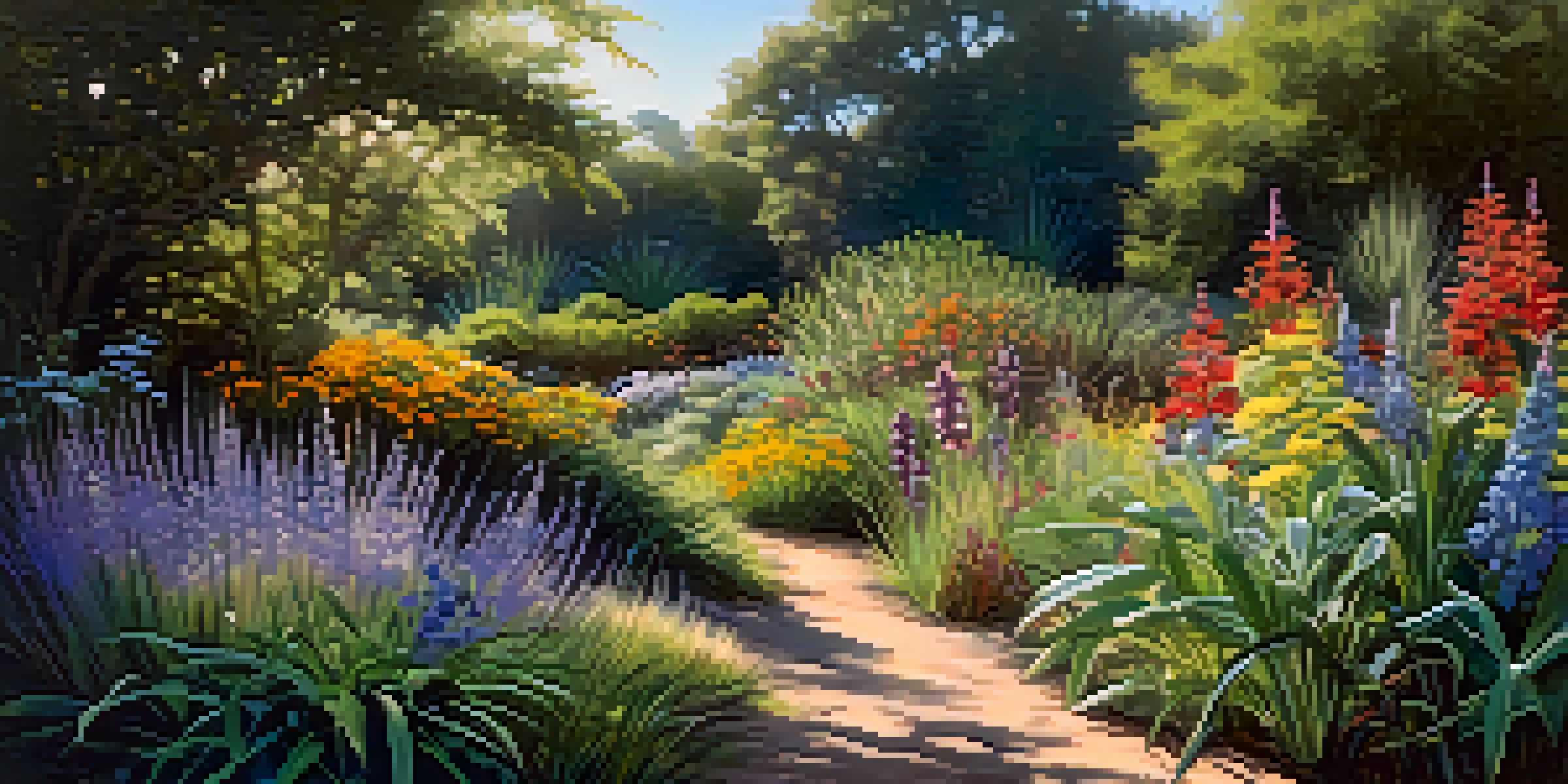 A colorful garden filled with native wildflowers and grasses, with sunlight filtering through trees, and a bird perched on a branch.