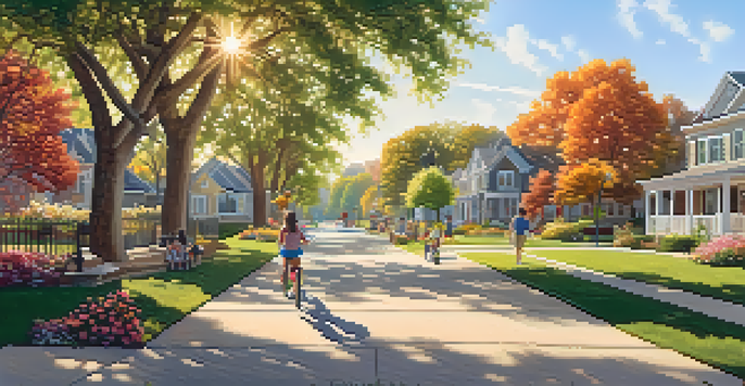 A sunny suburban park with families, children playing, and blooming flowers.