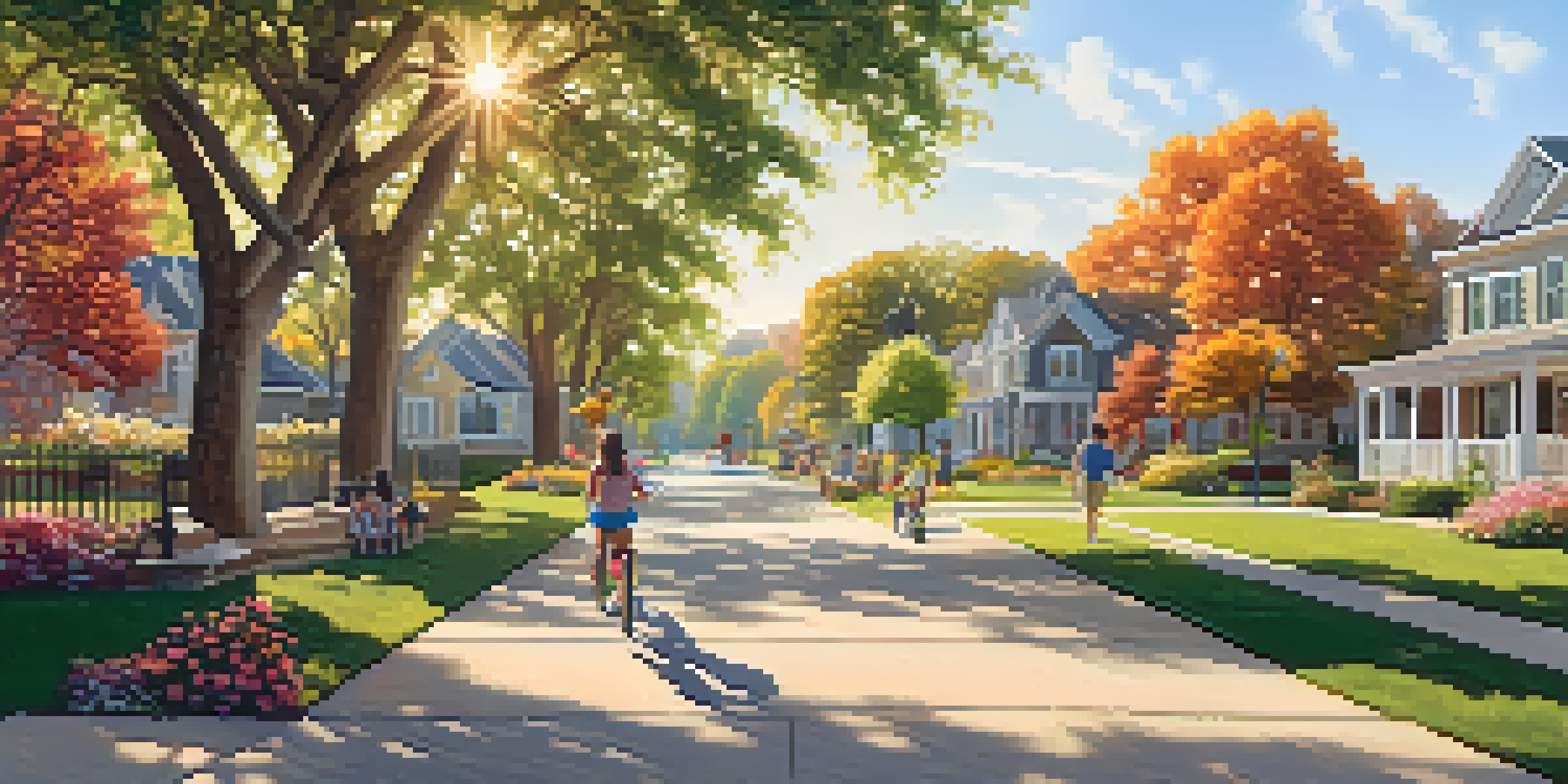 A sunny suburban park with families, children playing, and blooming flowers.