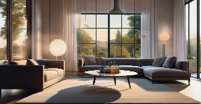 A contemporary living room showcasing various smart home devices including a smart speaker and smart bulbs, illuminated by warm light with a sunset visible through the window.