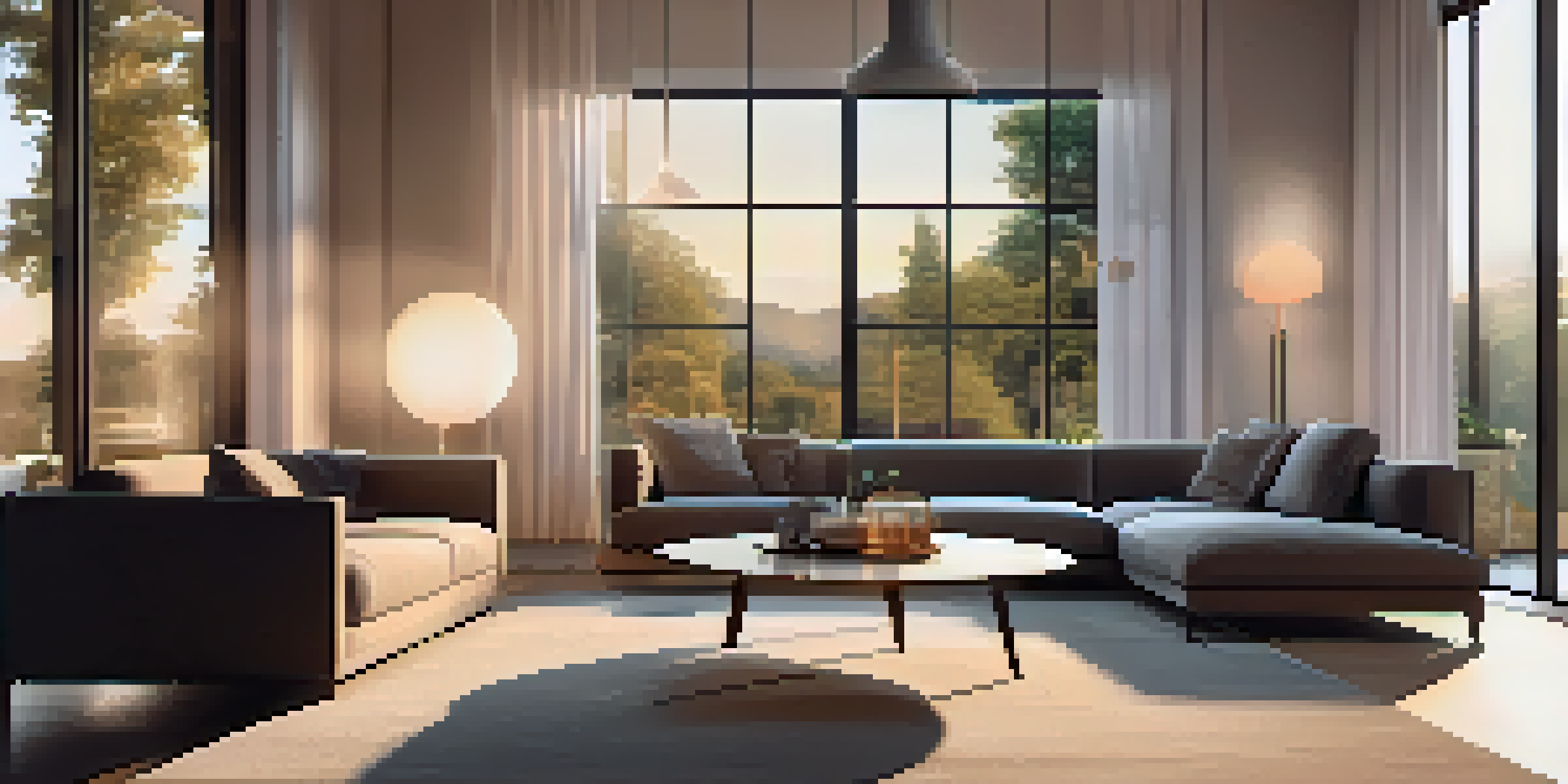 A contemporary living room showcasing various smart home devices including a smart speaker and smart bulbs, illuminated by warm light with a sunset visible through the window.