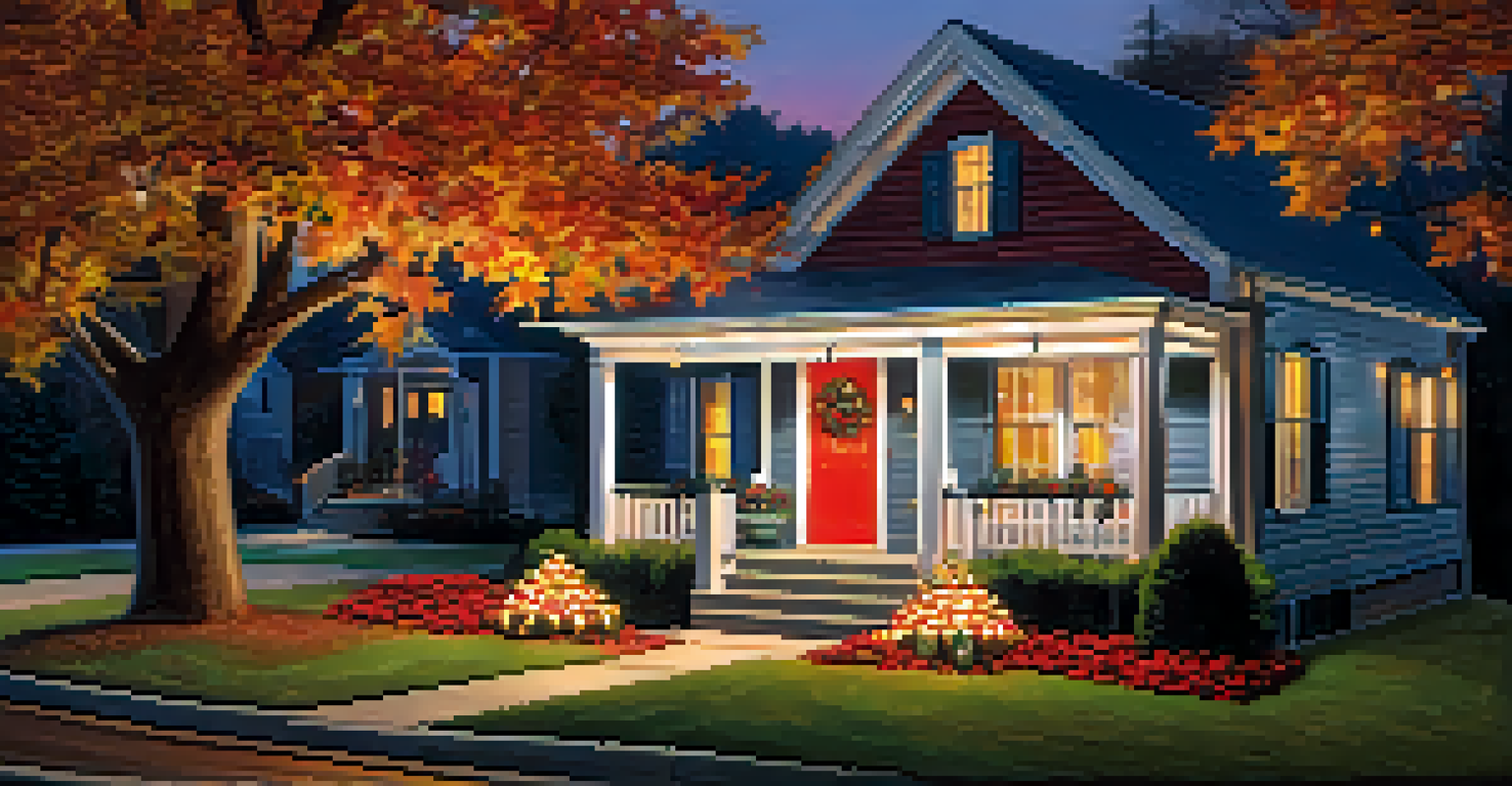 Close-up of a hand testing a GFCI outlet on a house decorated with holiday lights during twilight.