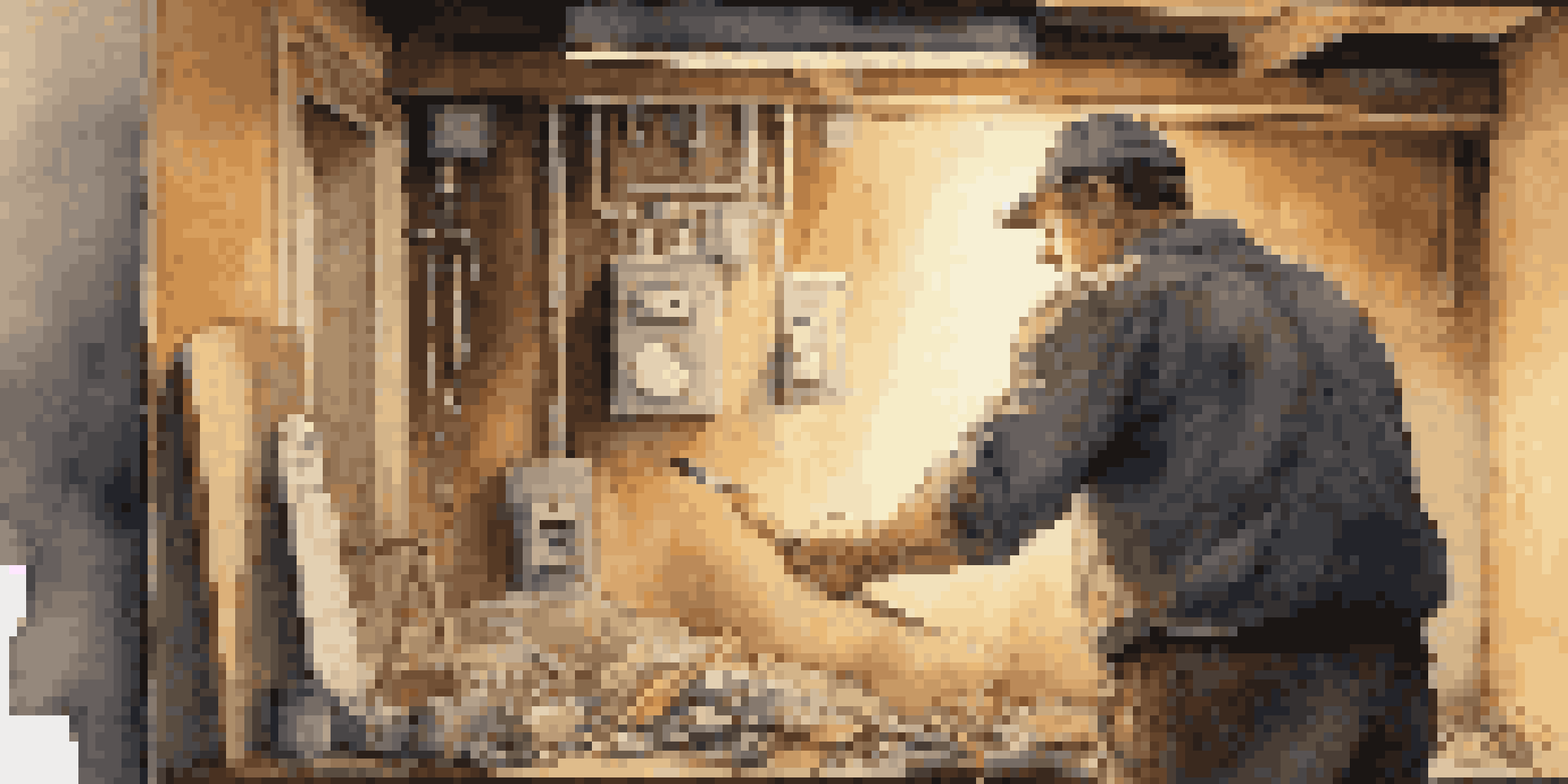 A home inspector examining electrical panels in a basement with a flashlight, showcasing tools and a clipboard nearby in a dimly lit environment.