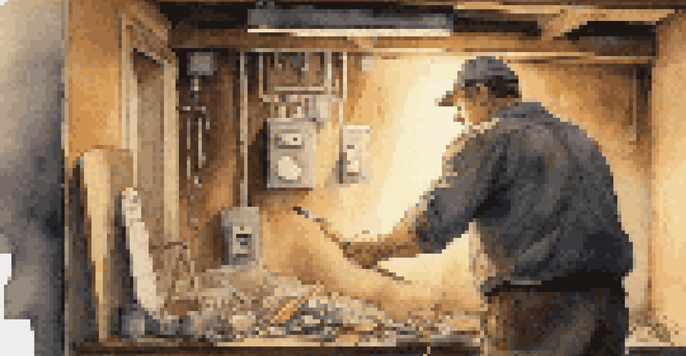 A home inspector examining electrical panels in a basement with a flashlight, showcasing tools and a clipboard nearby in a dimly lit environment.