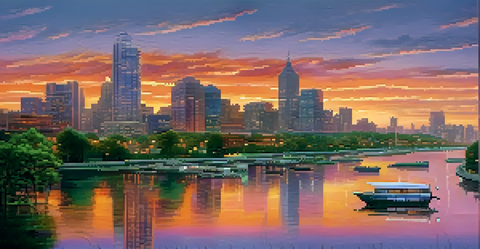 A modern city skyline at sunset with a river and greenery in the foreground.