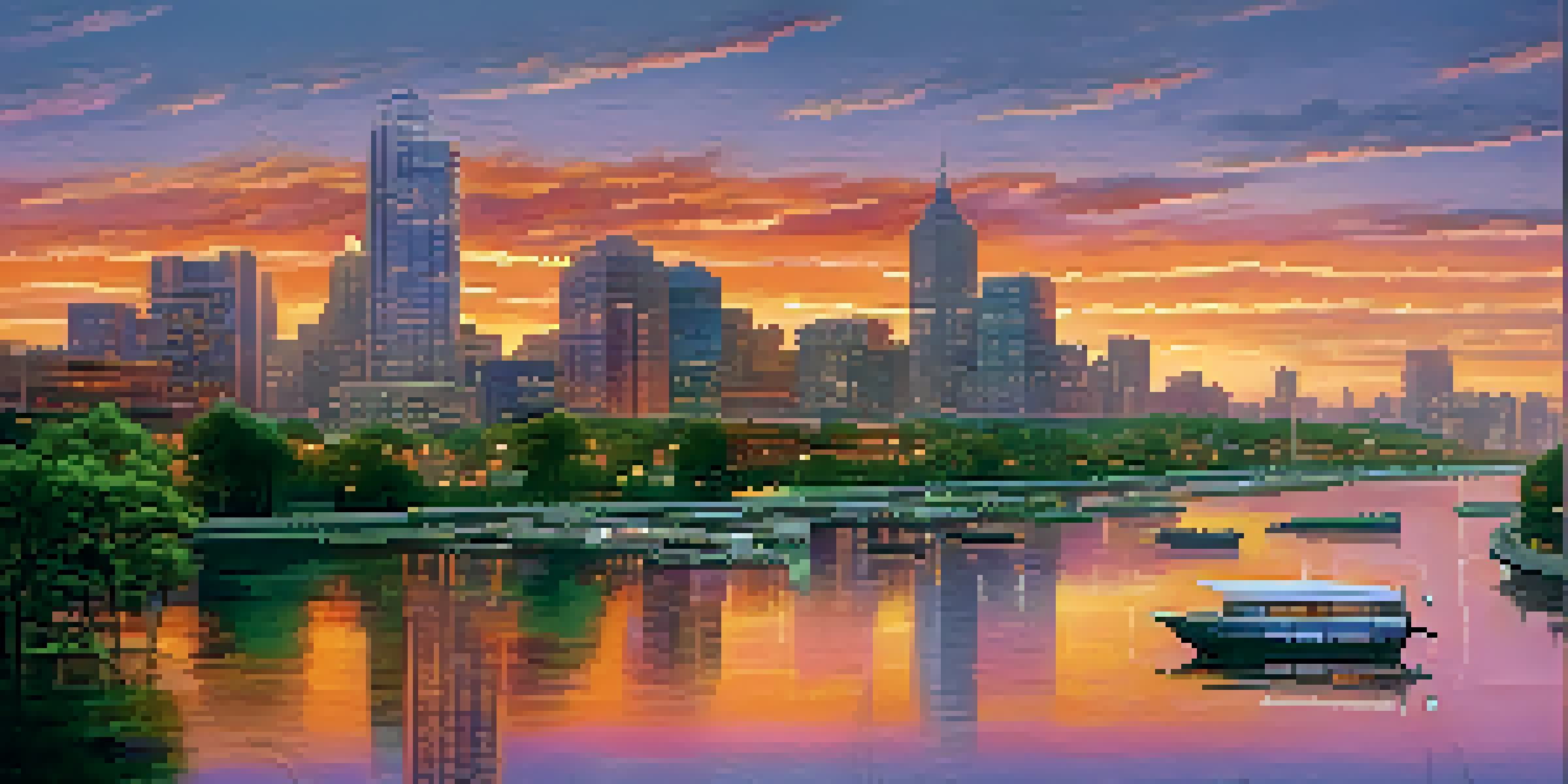 A modern city skyline at sunset with a river and greenery in the foreground.