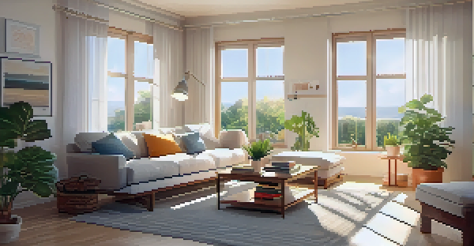 A bright living room with sunlight streaming in, showing a clean and organized space with a cozy sofa and neatly arranged furniture.