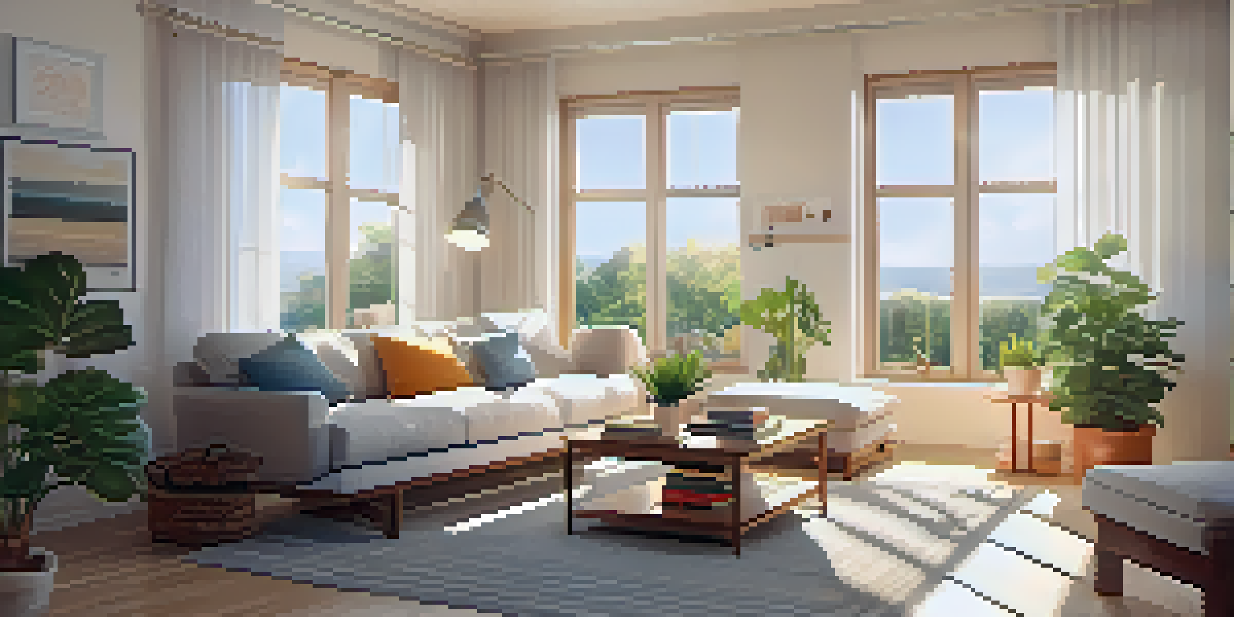 A bright living room with sunlight streaming in, showing a clean and organized space with a cozy sofa and neatly arranged furniture.