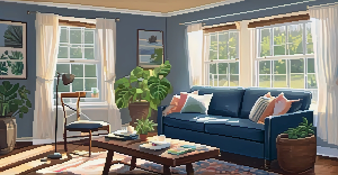 A cozy living room with a sofa and a coffee table that has a home warranty brochure, sunlight illuminating the space.