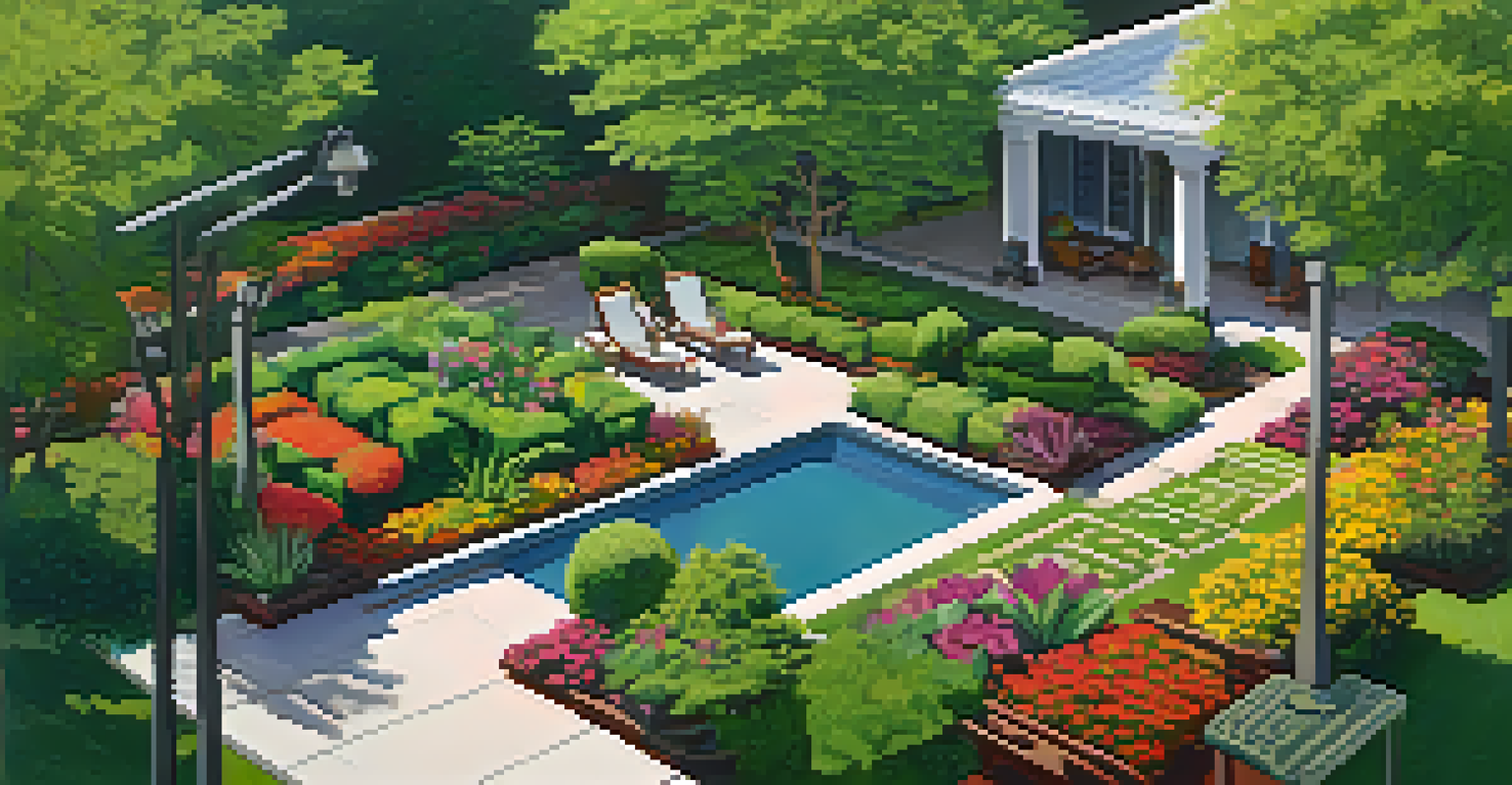 An aerial view of a landscaped yard featuring sun-loving flowers and shaded areas with green foliage, with pathways and a pergola.