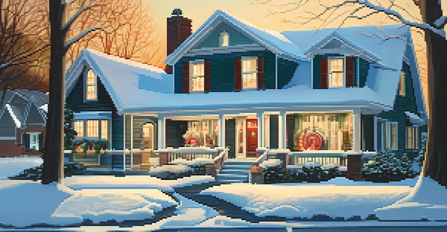 A winter-ready home with snow on the roof and holiday decorations.