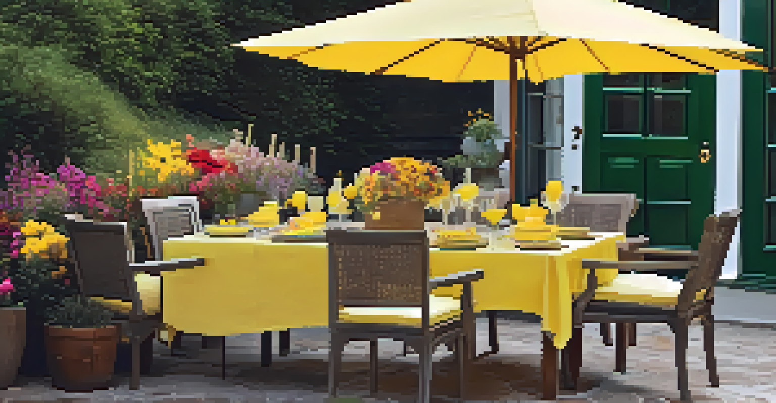 An outdoor dining area with soft yellow tableware, deep wooden table, and colorful blooming flowers creating a vibrant atmosphere.