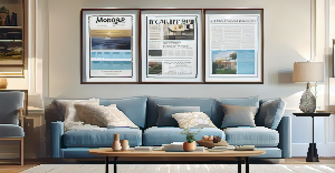 A cozy living room showing a comfortable sofa, a coffee table with financial magazines, and an infographic on mortgage points on the wall.
