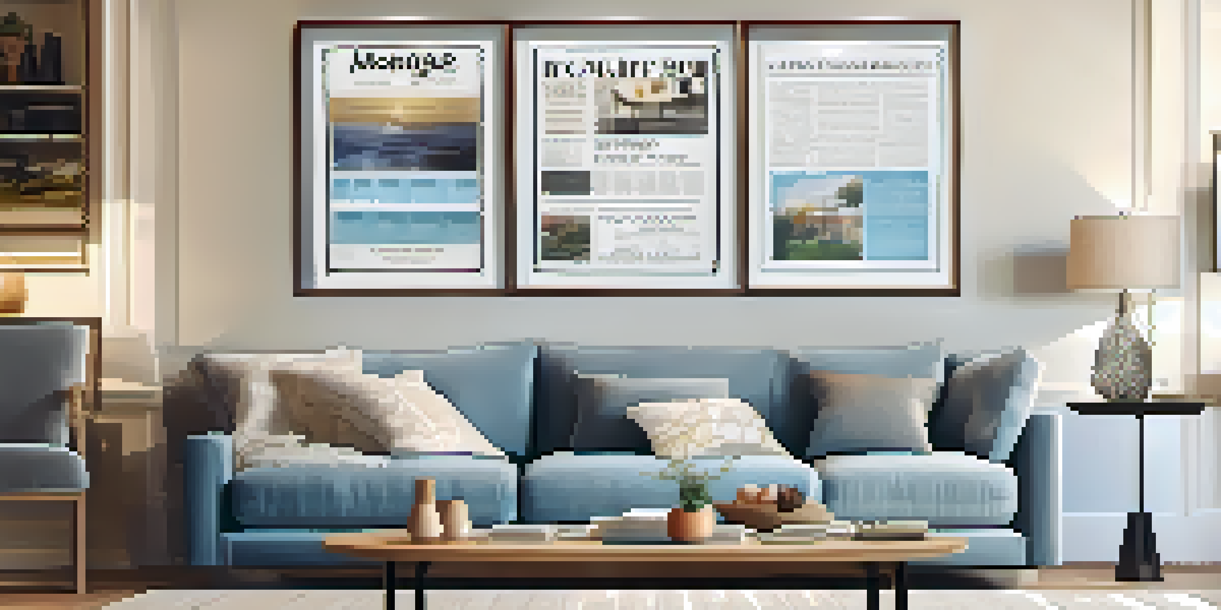 A cozy living room showing a comfortable sofa, a coffee table with financial magazines, and an infographic on mortgage points on the wall.