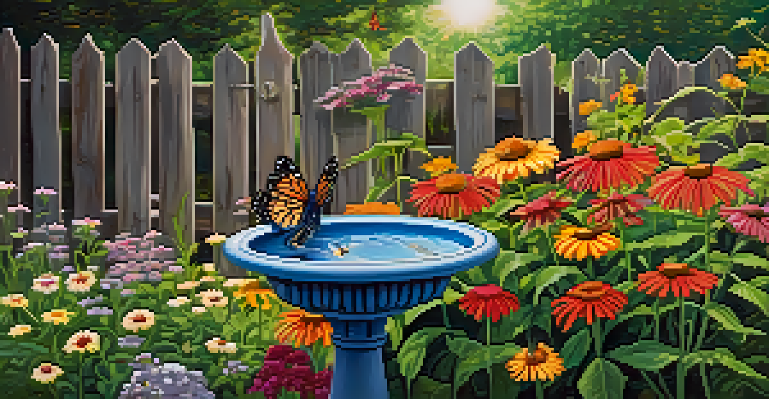 A colorful butterfly garden filled with flowers and butterflies, featuring a birdbath and lush greenery, illuminated by sunlight.