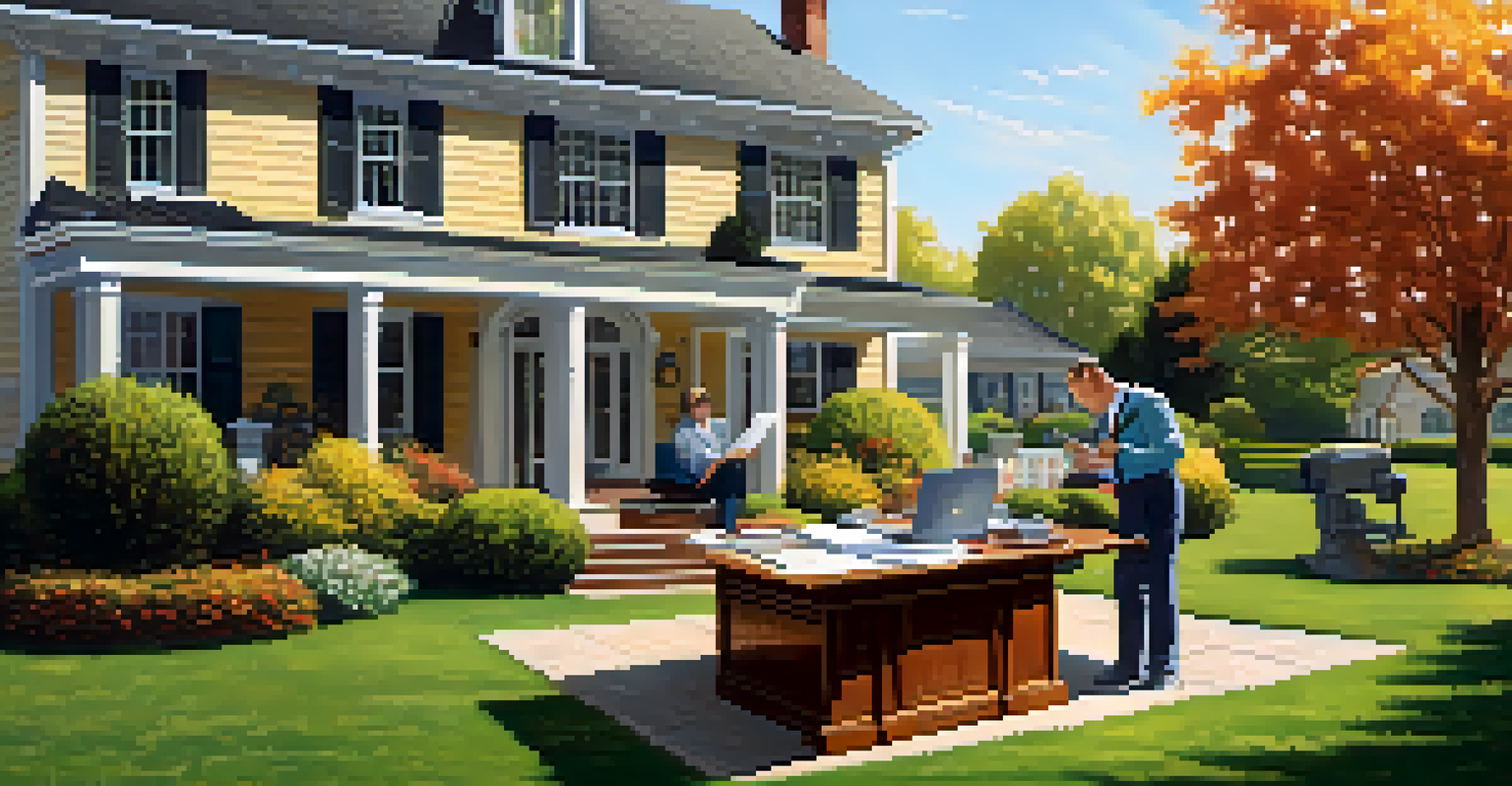 A professional appraiser measuring a house with a tape measure, with documents and a laptop on a table, in front of a well-maintained home on a sunny day.