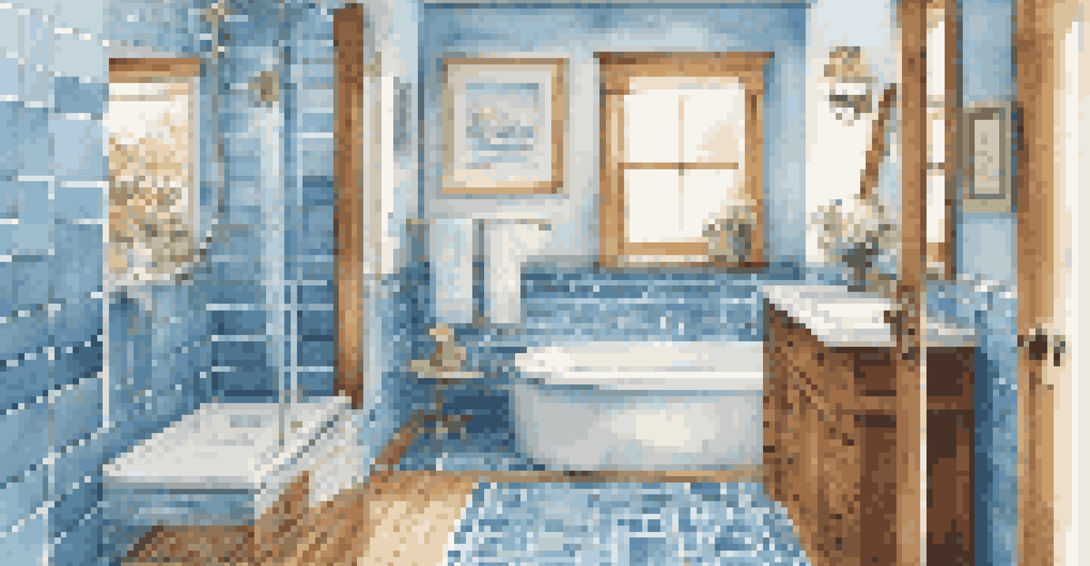 A serene bathroom designed for accessibility, featuring grab bars and a shower seat, with soft blue tiles and natural wood accents, illuminated by soft lighting.