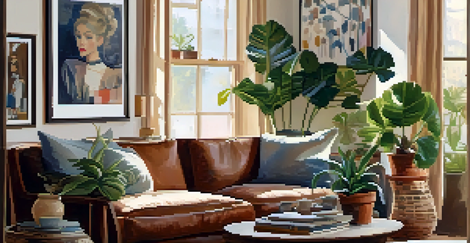 A cozy corner of a living room featuring a small gallery wall with various framed artworks, potted plants, and a vintage side table, illuminated by soft natural light.