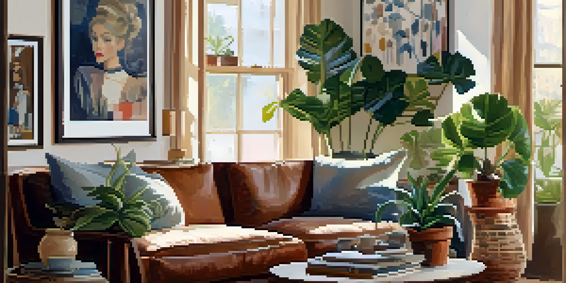 A cozy corner of a living room featuring a small gallery wall with various framed artworks, potted plants, and a vintage side table, illuminated by soft natural light.
