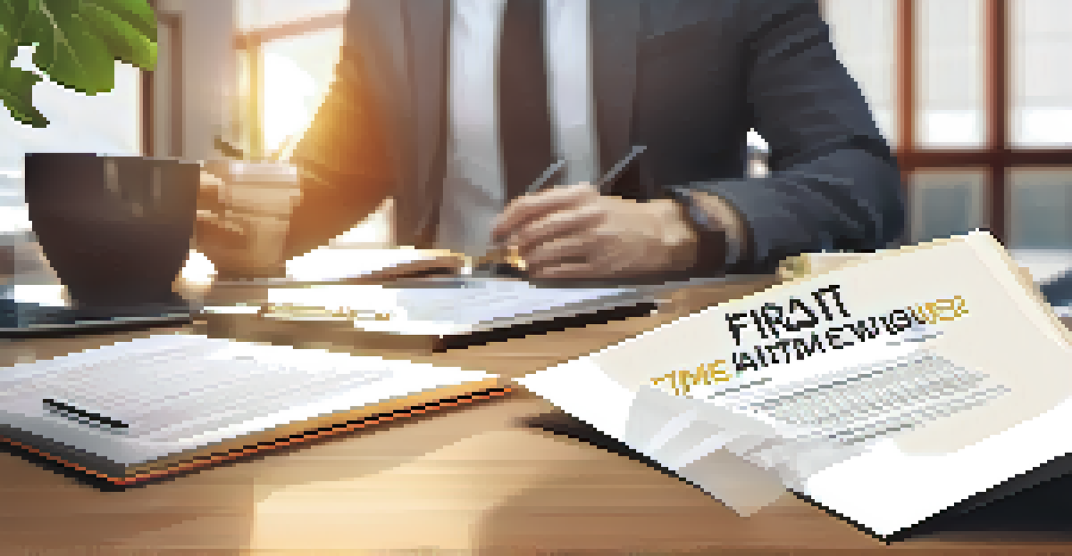 A close-up of a hand holding a homebuyer grant application document in a modern office with a laptop and coffee cup in the background.