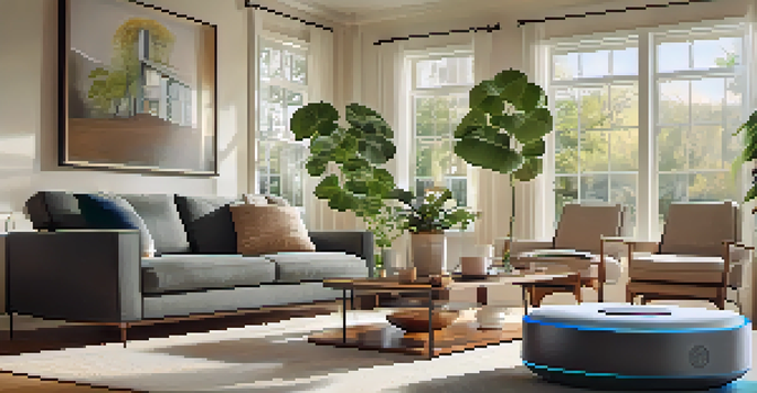 A cozy living room showcasing smart home technology with a smart speaker, smart lighting, and a thermostat, all in a warm and inviting setting.