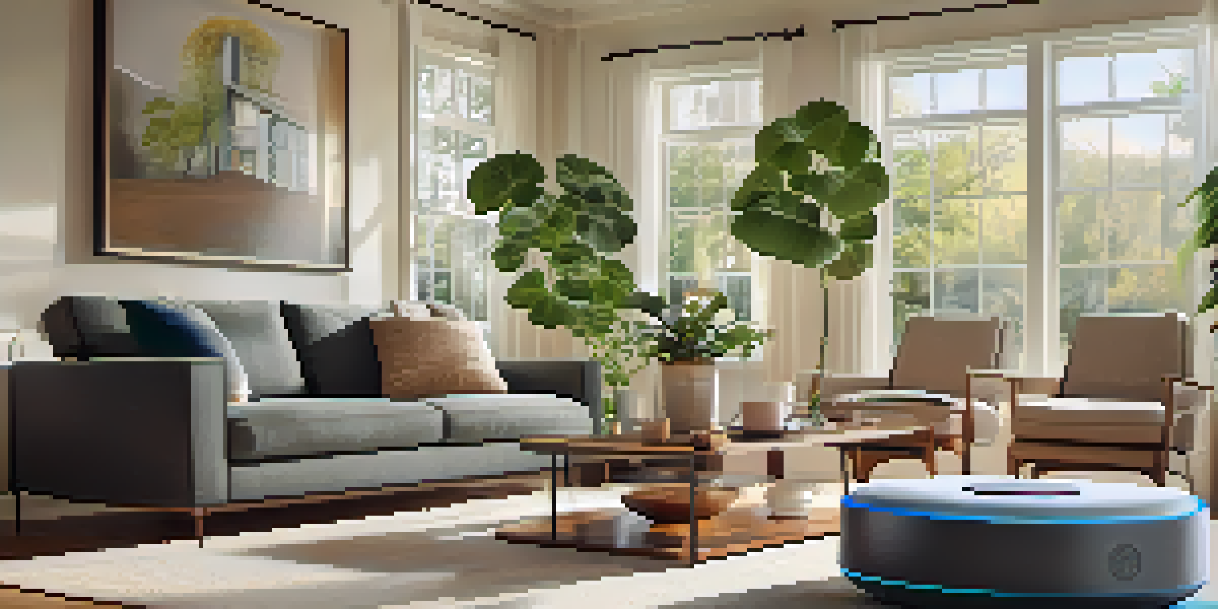 A cozy living room showcasing smart home technology with a smart speaker, smart lighting, and a thermostat, all in a warm and inviting setting.