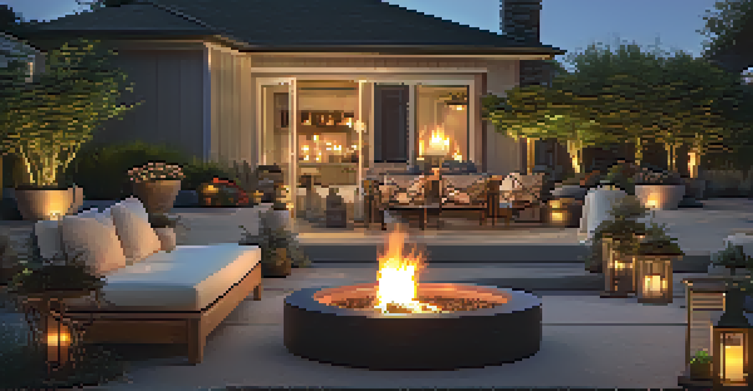 A cozy outdoor setting with a fire pit, lounge chairs, throw pillows, and plants, illuminated by warm firelight.