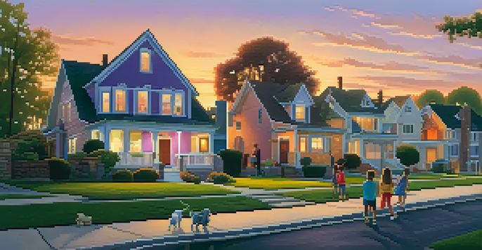 A peaceful suburban neighborhood at sunset with various homes, gardens, and families enjoying the outdoors.