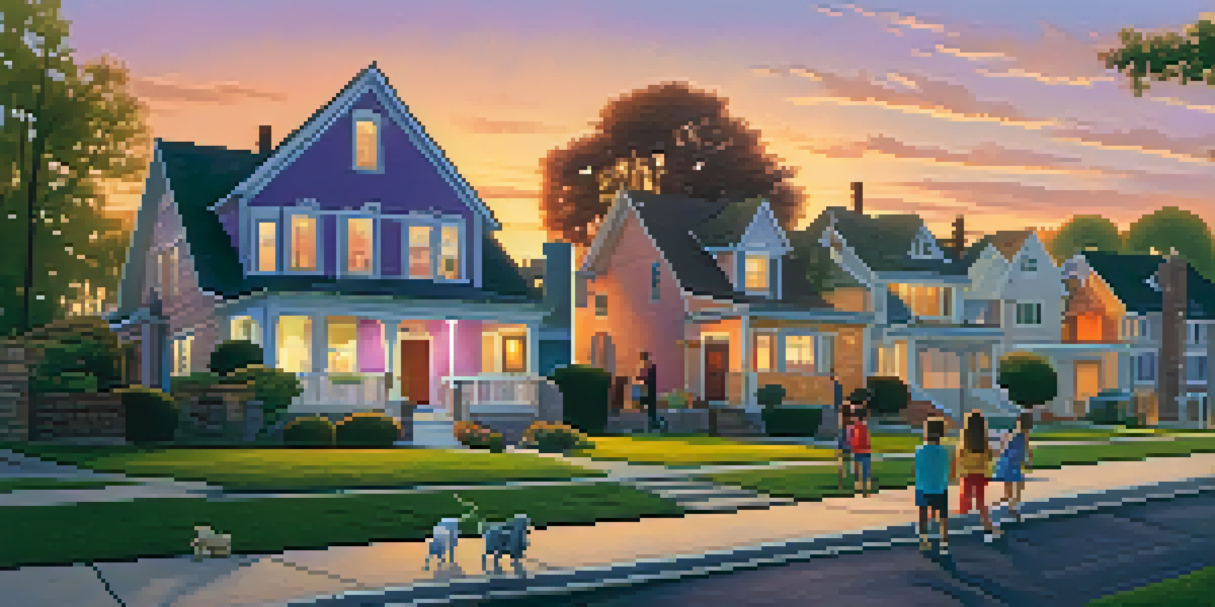 A peaceful suburban neighborhood at sunset with various homes, gardens, and families enjoying the outdoors.
