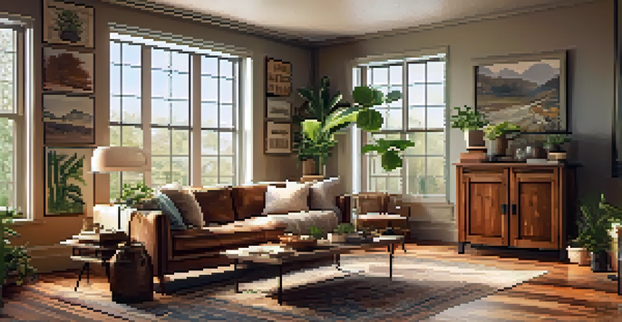A cozy living room with reclaimed wood furniture and warm colors, illuminated by natural light.