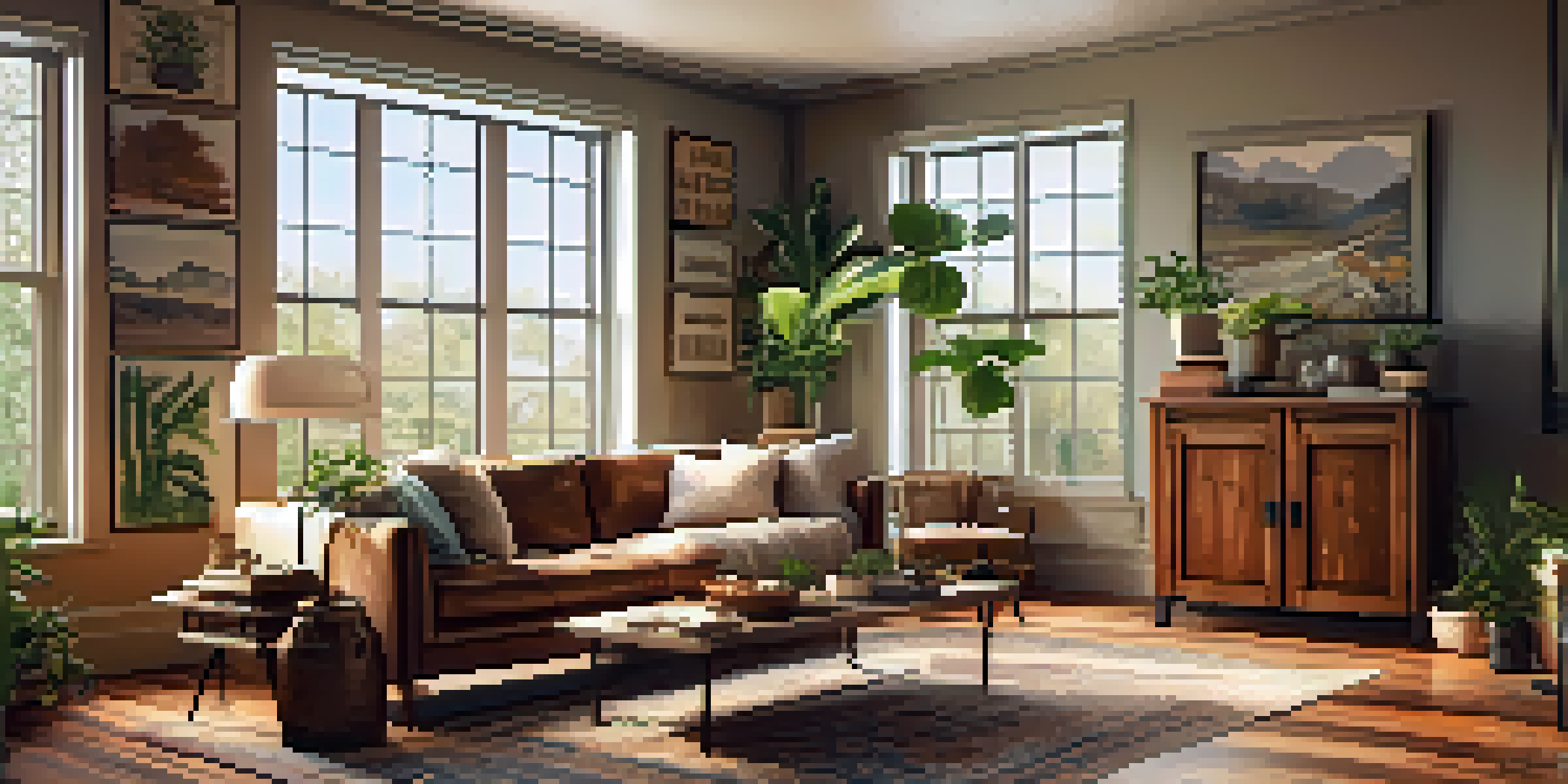 A cozy living room with reclaimed wood furniture and warm colors, illuminated by natural light.