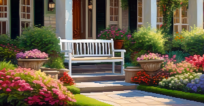 A beautiful front yard with a large stone bench surrounded by colorful flowers and lush plants, illuminated by warm sunlight.