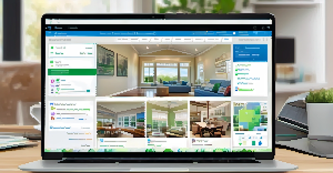 A laptop displaying a vibrant online real estate marketplace with property listings and market trend graphs in a cozy home office.
