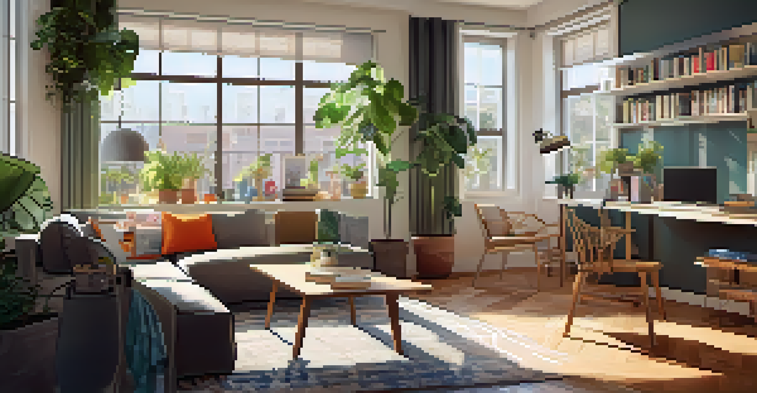 A furnished student apartment interior with a modern living room and study area, bathed in natural light.