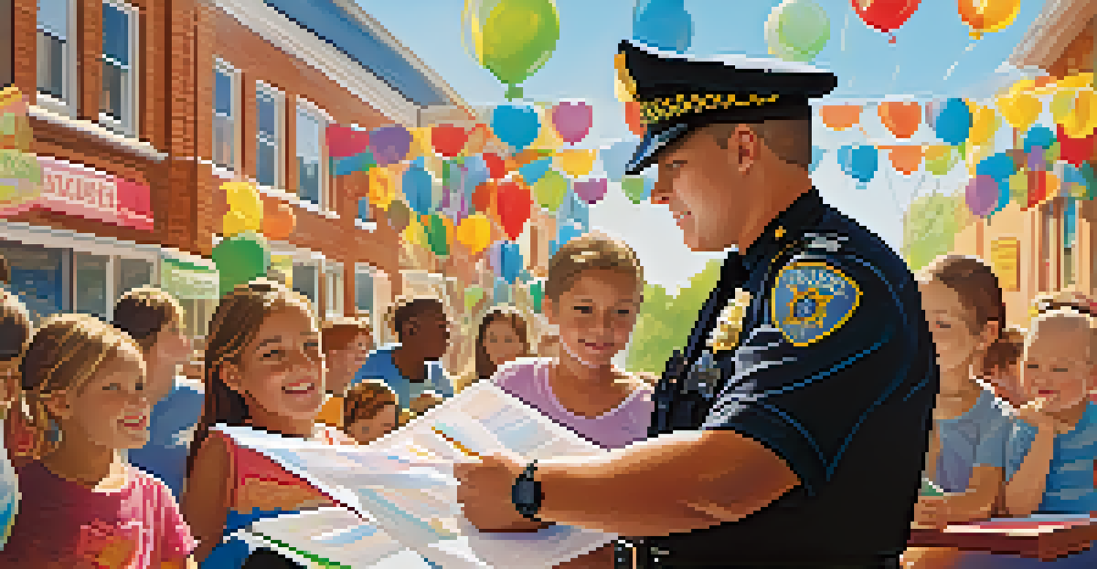 A police officer interacts with families at a sunny community event.