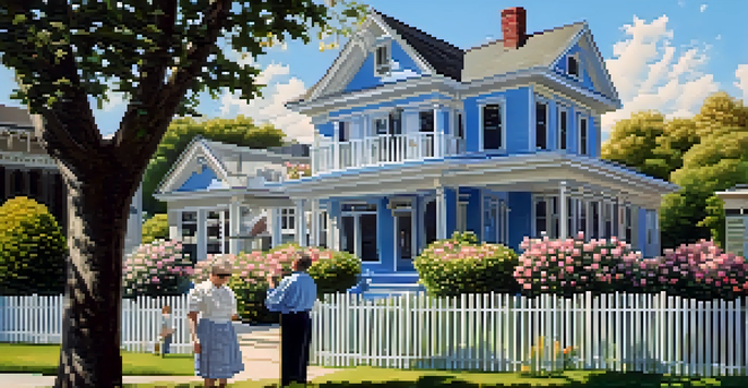 A woman appraiser inspecting a vintage house in a beautiful garden, taking notes with a clear blue sky above.